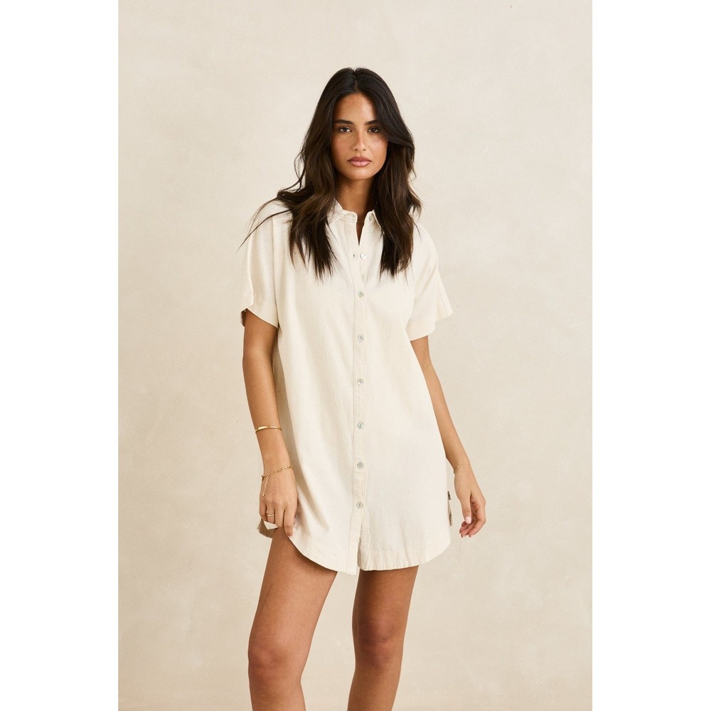 Rhythm Classics Linen Cotton Blend Button Front Shirt Dress Cream XS